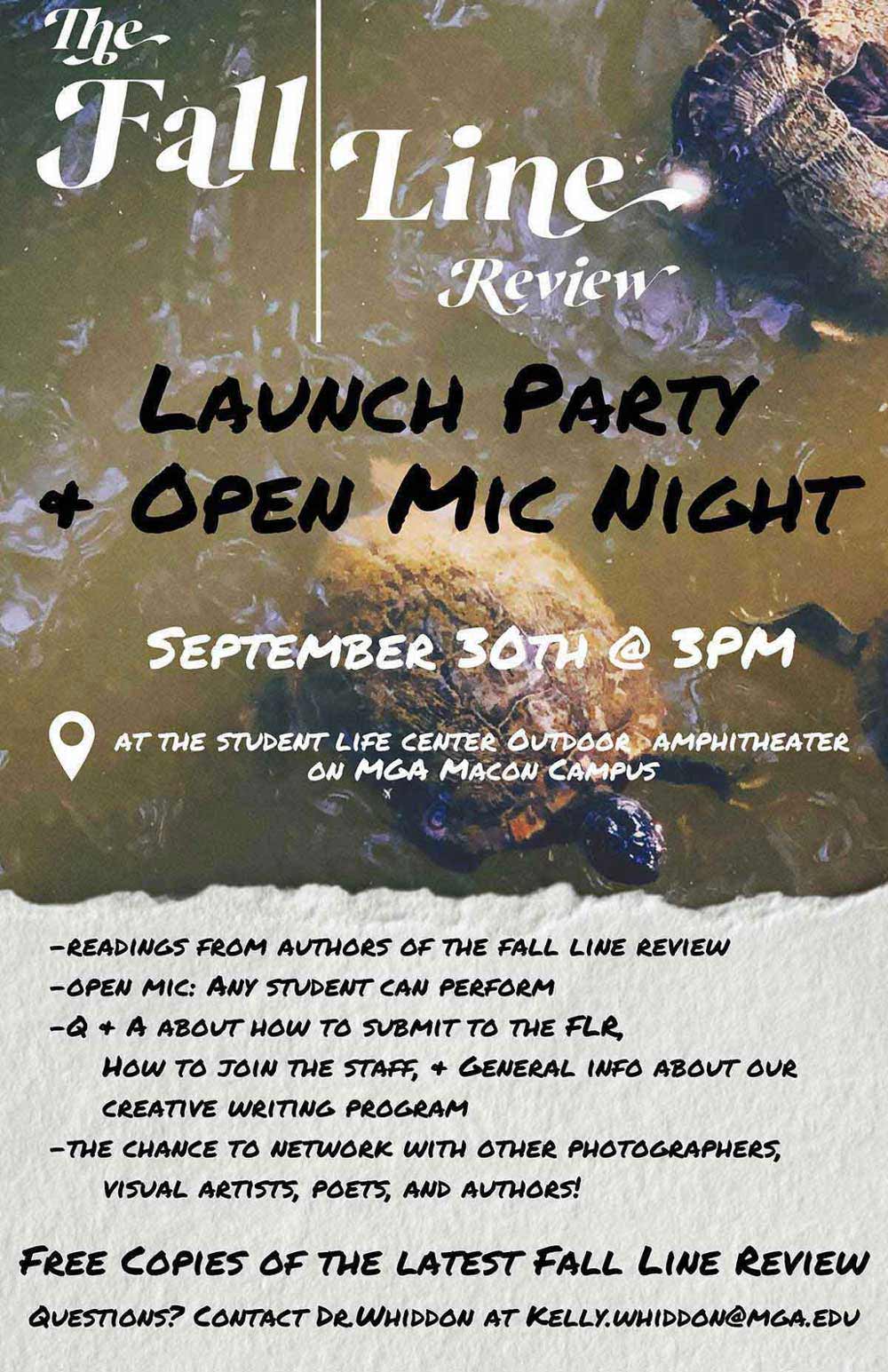 The Fall Line Review Launch Party will be held Thursday, September 30 at 3 p.m. in the outdoor amphitheater in front of the Student Life Center on the Macon Campus.